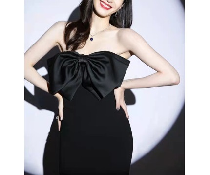 새틴 왕리본 튜브탑 슬림 스냅촬영 2부 연회 셀프웨딩블랙드레스 이미지 2