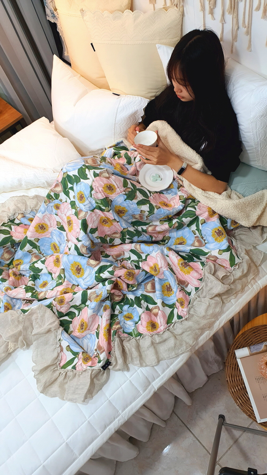 오월 모란 린넨 양털담요 겸 블랭킷 겨울 이불 슈퍼싱글 사이즈