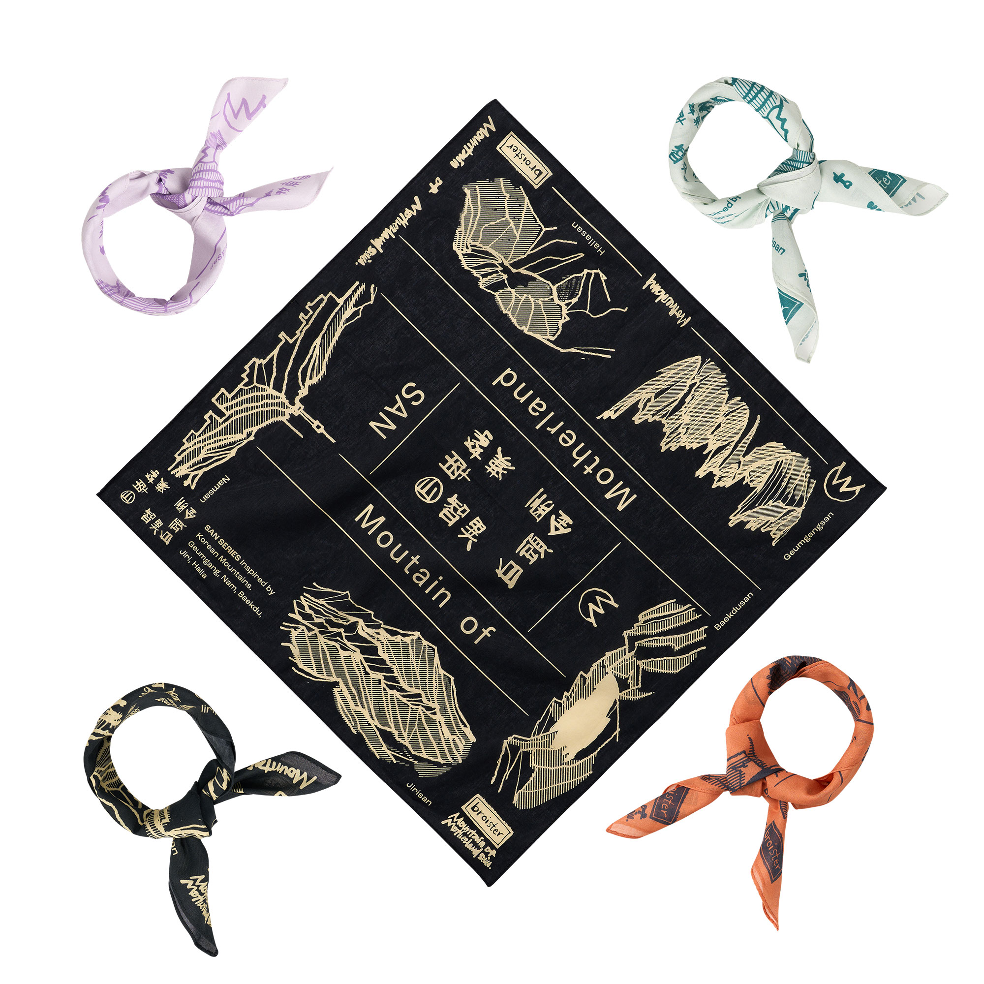 한국의 산 그래픽 남자 여자 반다나 스타일 손수건 헤어밴드 머리띠 넥밴드 등산 용품 선물