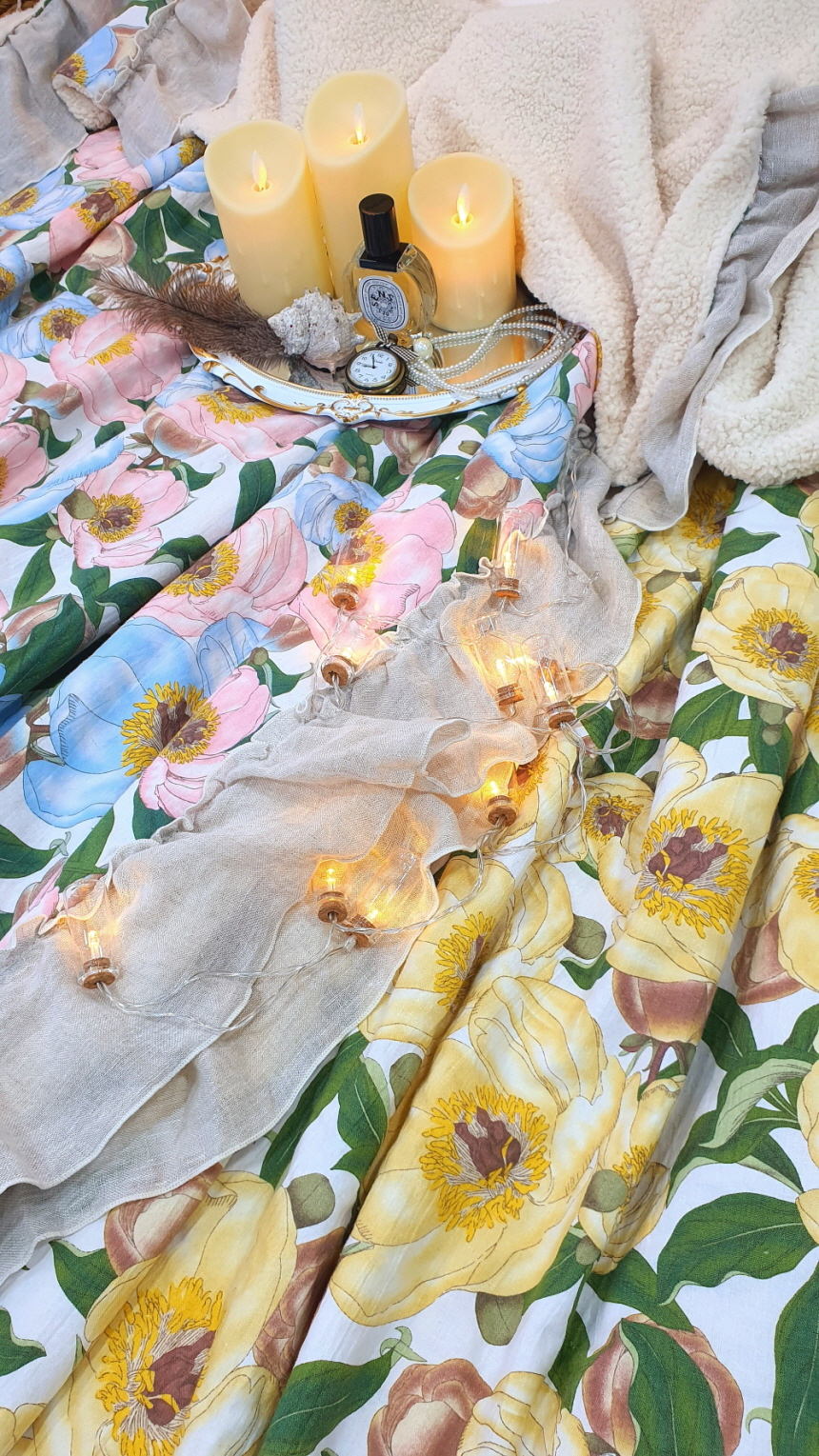 오월 모란 린넨 양털담요 겸 블랭킷 겨울 이불 슈퍼싱글 사이즈