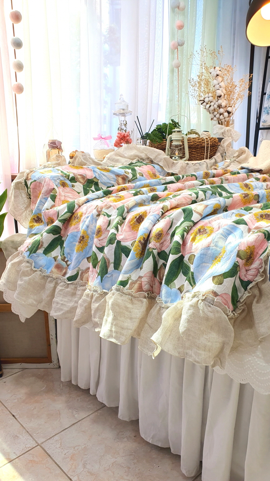 오월 모란 린넨 양털담요 겸 블랭킷 겨울 이불 슈퍼싱글 사이즈