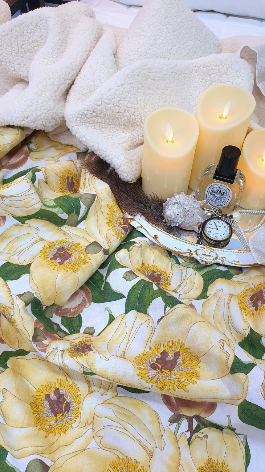 오월 모란 린넨 양털담요 겸 블랭킷 겨울 이불 슈퍼싱글 사이즈