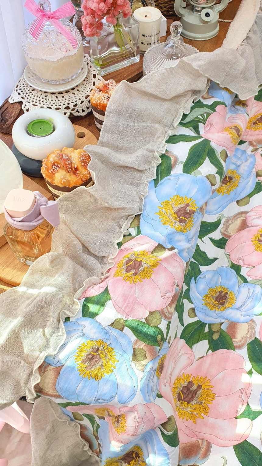 오월 모란 린넨 양털담요 겸 블랭킷 겨울 이불 슈퍼싱글 사이즈