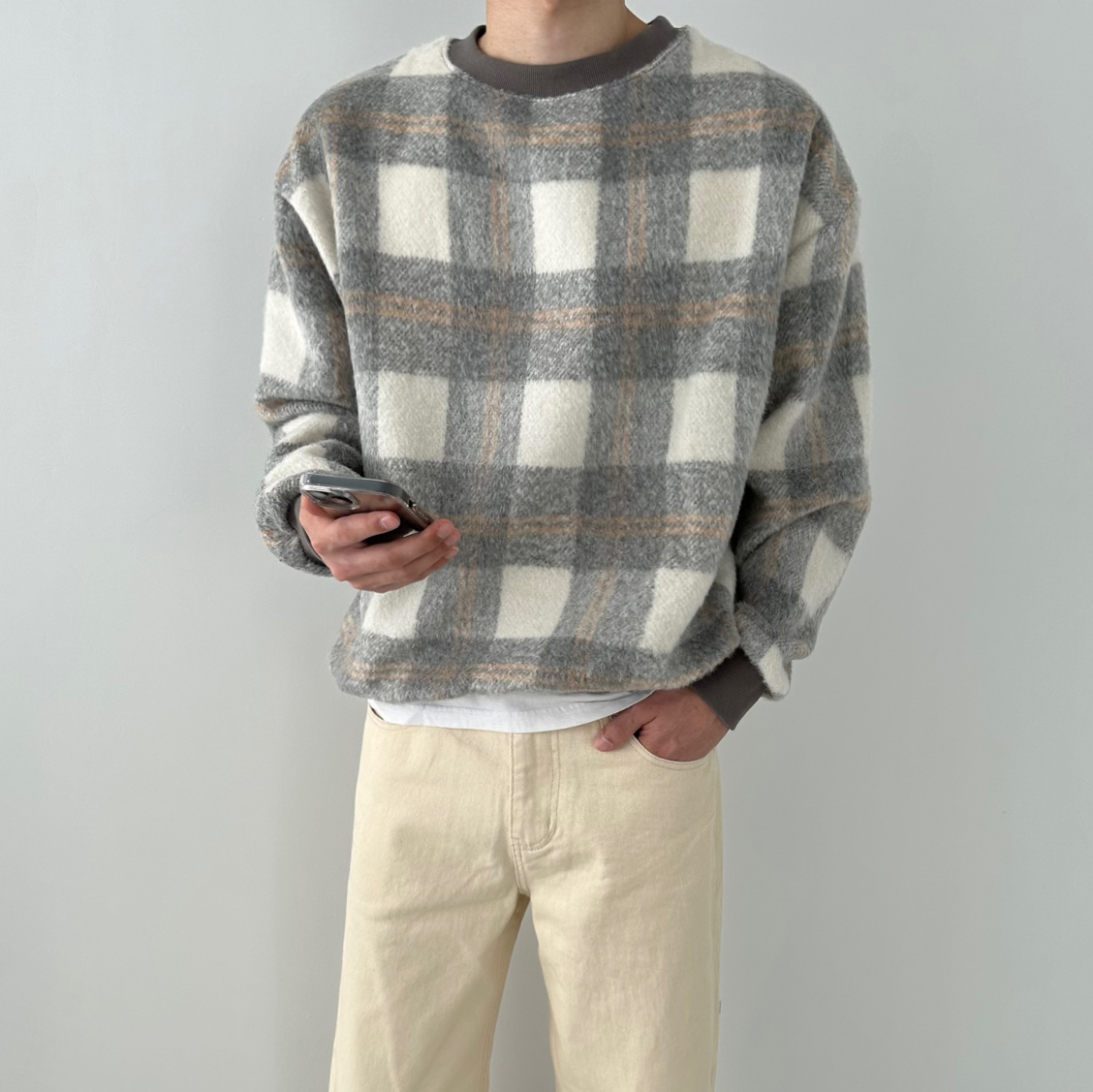 데일리 남자 체크 울 기모 니트 오버핏 맨투맨 이미지 4