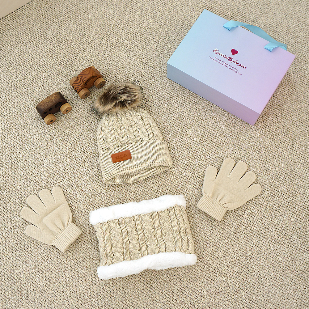 키저스 아기 유아 겨울 방한 털 모자 넥워머 목도리 장갑 3종 선물 세트 베이지