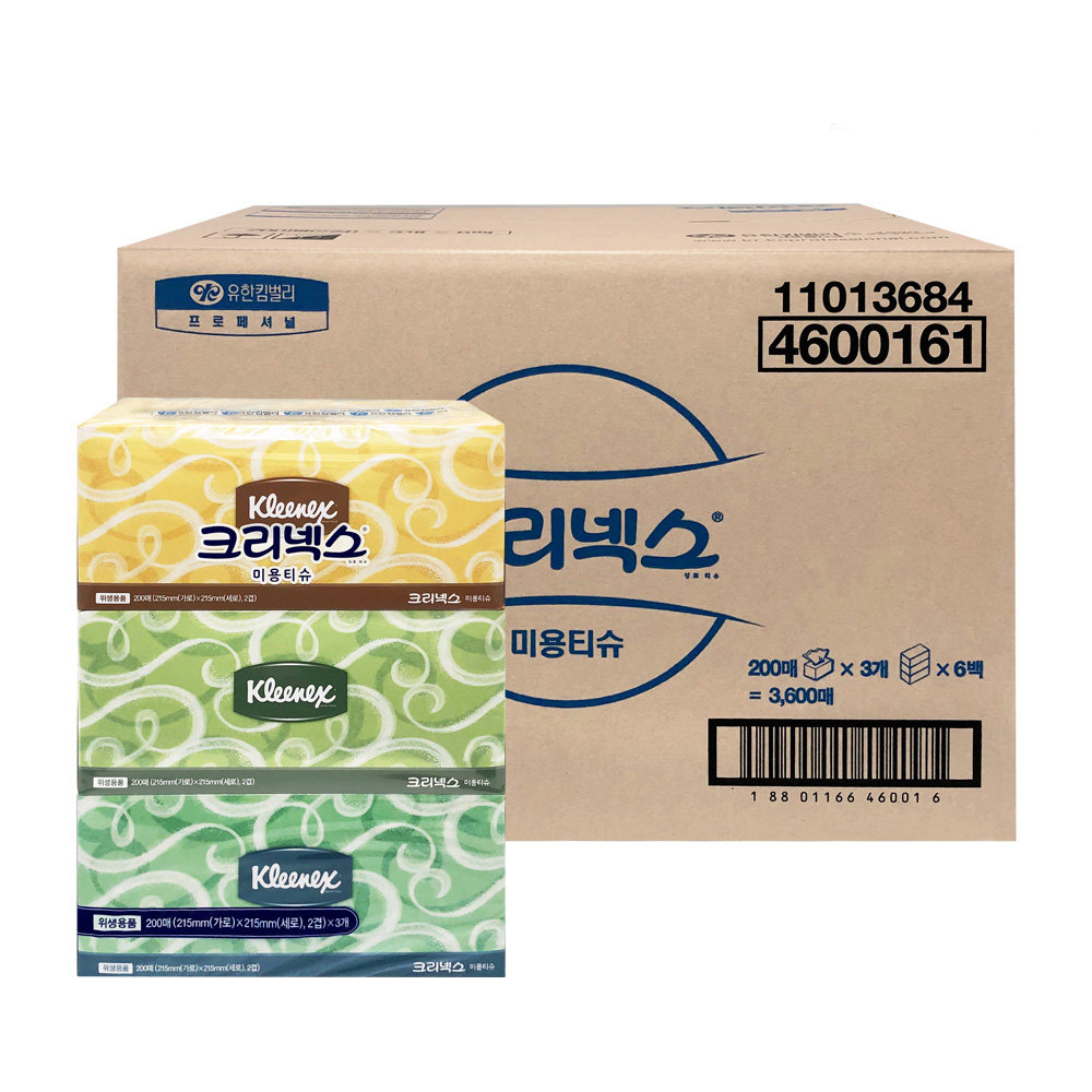 유한킴벌리 4600161 크리넥스 미용 티슈 2겹 200매 18각 1박스 페이셜 각티슈 화장지 휴지 - 상품 이미지