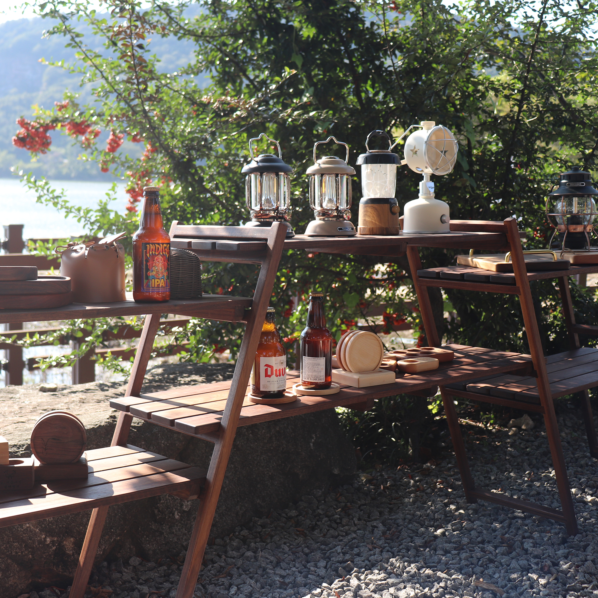 캠핑 우드쉘프 월넛 6단 대형테이블 선반 원목수납장