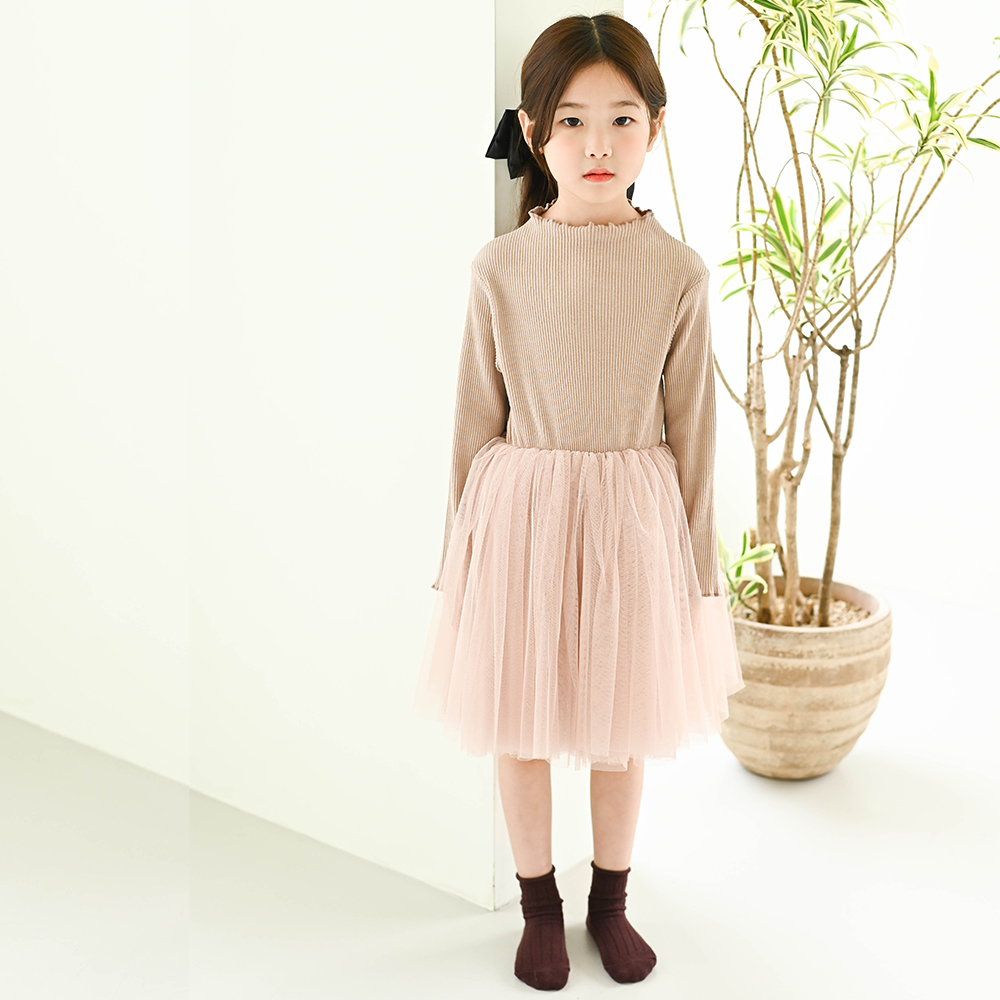 루체 골지 튜튜 샤 원피스 여아 아동 유아 발레 하이넥 목 폴라 카키 베이지 브라운 - 상세 이미지 5