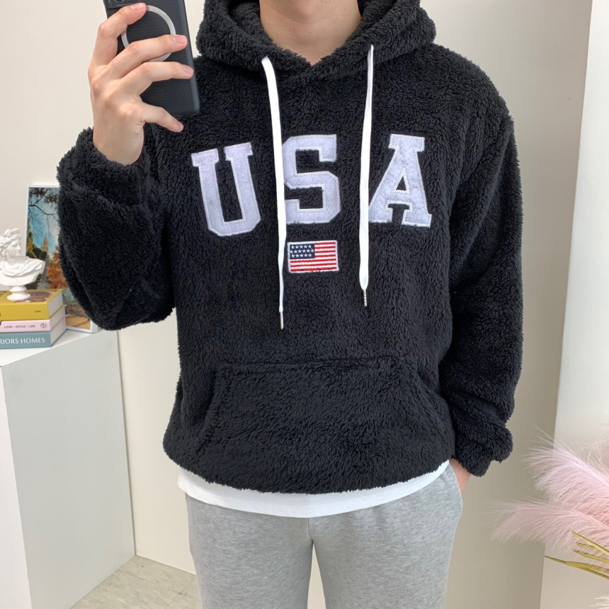 남자양털후드티 USA 자수 겨울티셔츠 - 상세 이미지 5