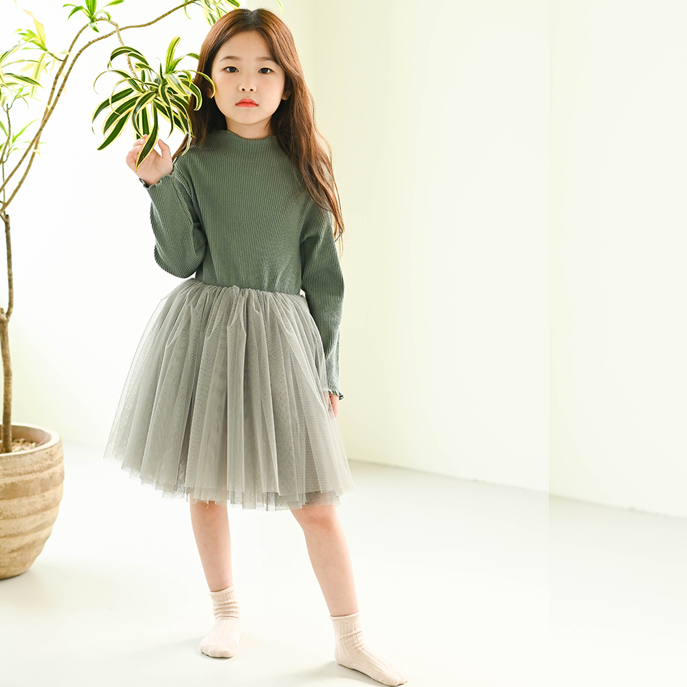 루체 골지 튜튜 샤 원피스 여아 아동 유아 발레 하이넥 목 폴라 카키 베이지 브라운 - 상세 이미지 4