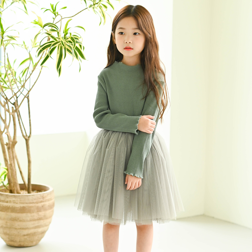 루체 골지 튜튜 샤 원피스 여아 아동 유아 발레 하이넥 목 폴라 카키 베이지 브라운 - 상세 이미지 3