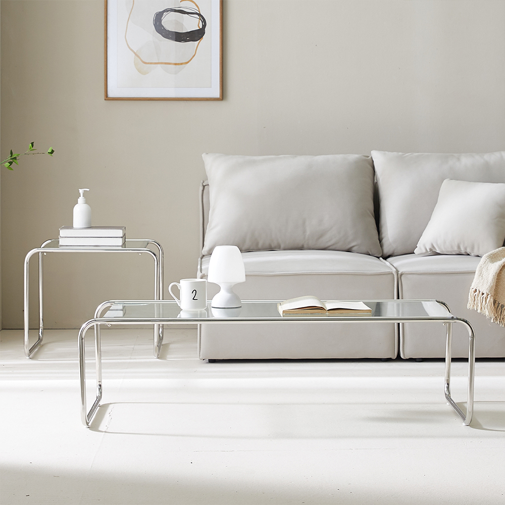 [무료배송] 모노 스테인레스 강화유리 모듈 거실 좌식 소파테이블 1190+530