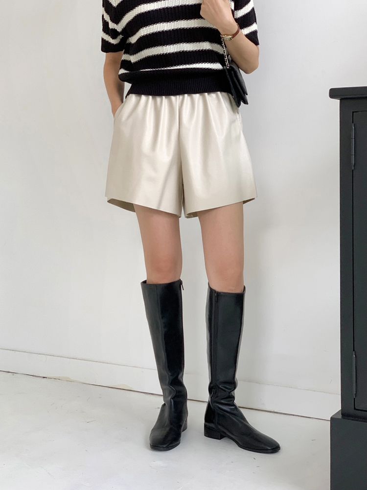 하이웨스트 레더 반바지 밴딩 여성 반바지 3부 4부 세미 여자와이드팬츠 숏팬츠 - 상세 이미지 3