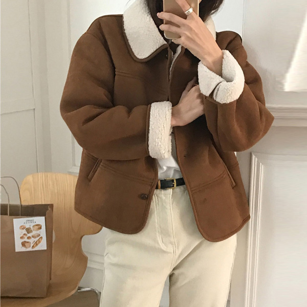 스우파 스웨이드 안감 양털 뽀글이 카라넥 겨울 미니 무스탕 자켓 - 상세 이미지 2