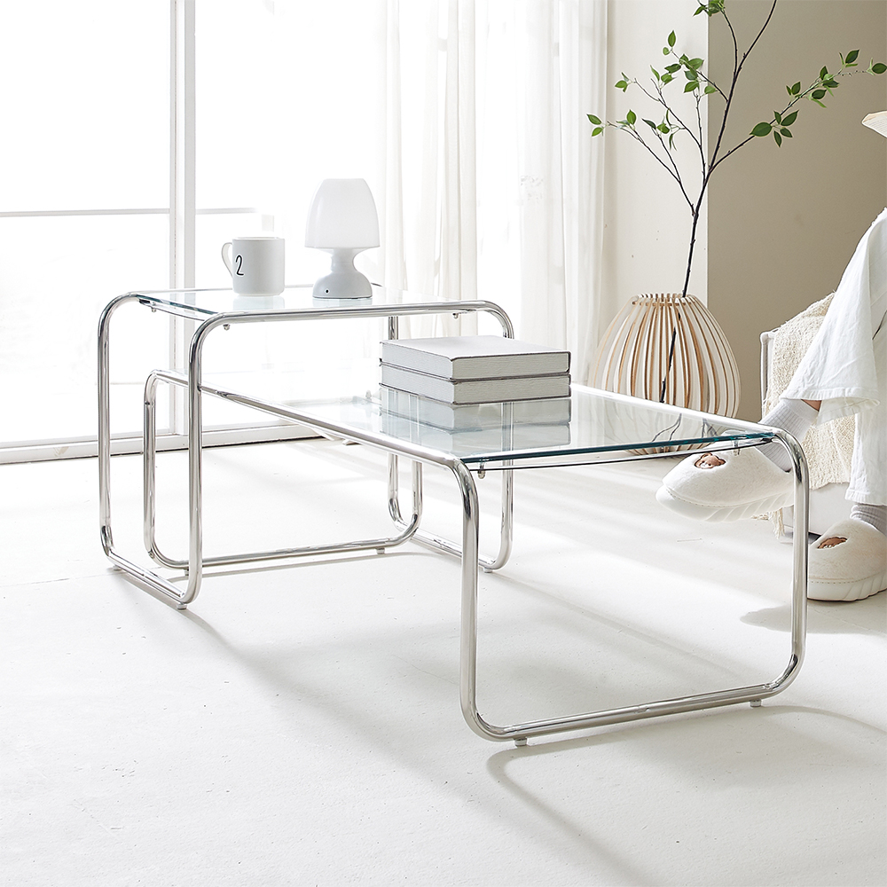 [무료배송] 모노 스테인레스 강화유리 모듈 거실 좌식 소파테이블 1190+530