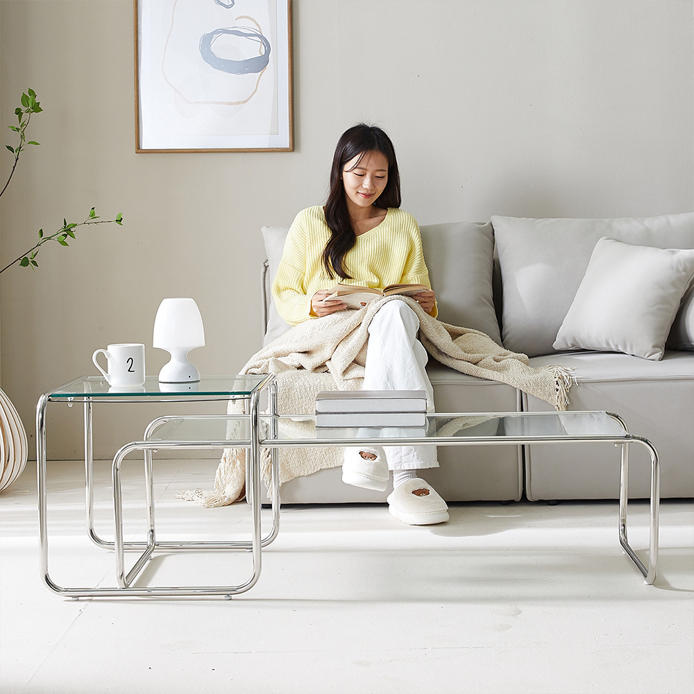 [무료배송] 모노 스테인레스 강화유리 모듈 거실 좌식 소파테이블 1190+530