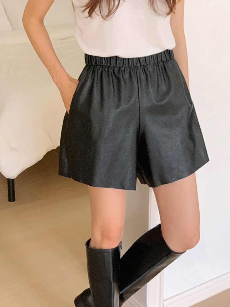 하이웨스트 레더 반바지 밴딩 여성 반바지 3부 4부 세미 여자와이드팬츠 숏팬츠 - 상품 이미지