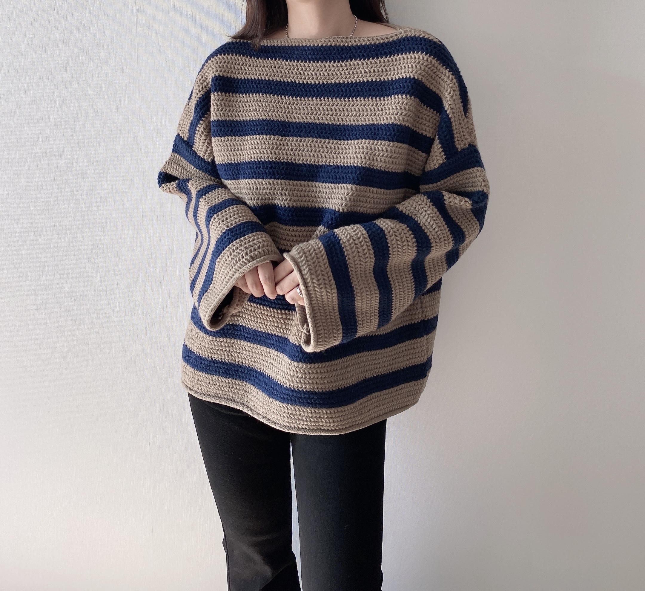 55-88/4Colors] 보트넥 단가라 도톰 뜨개질 니트 (스트라이프 오버핏 줄무늬 니트 블랙 브라운 그린 핑크)