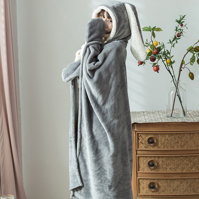 빼다 귀여운 토끼한마리 극세사 이불 집순이 입는 롱 후드 캠핑 전신 대형 담요