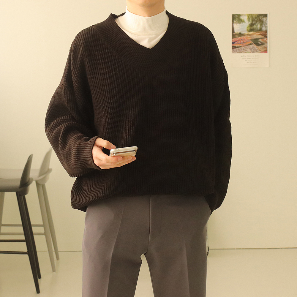 남자니트 오버핏 하찌 두꺼운 남자브이넥니트 이미지 3