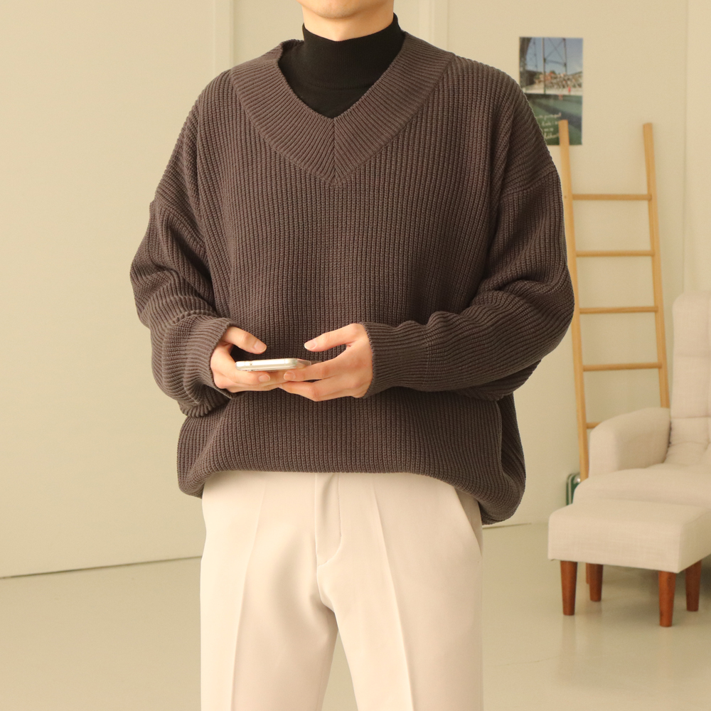 남자니트 오버핏 하찌 두꺼운 남자브이넥니트 이미지 2