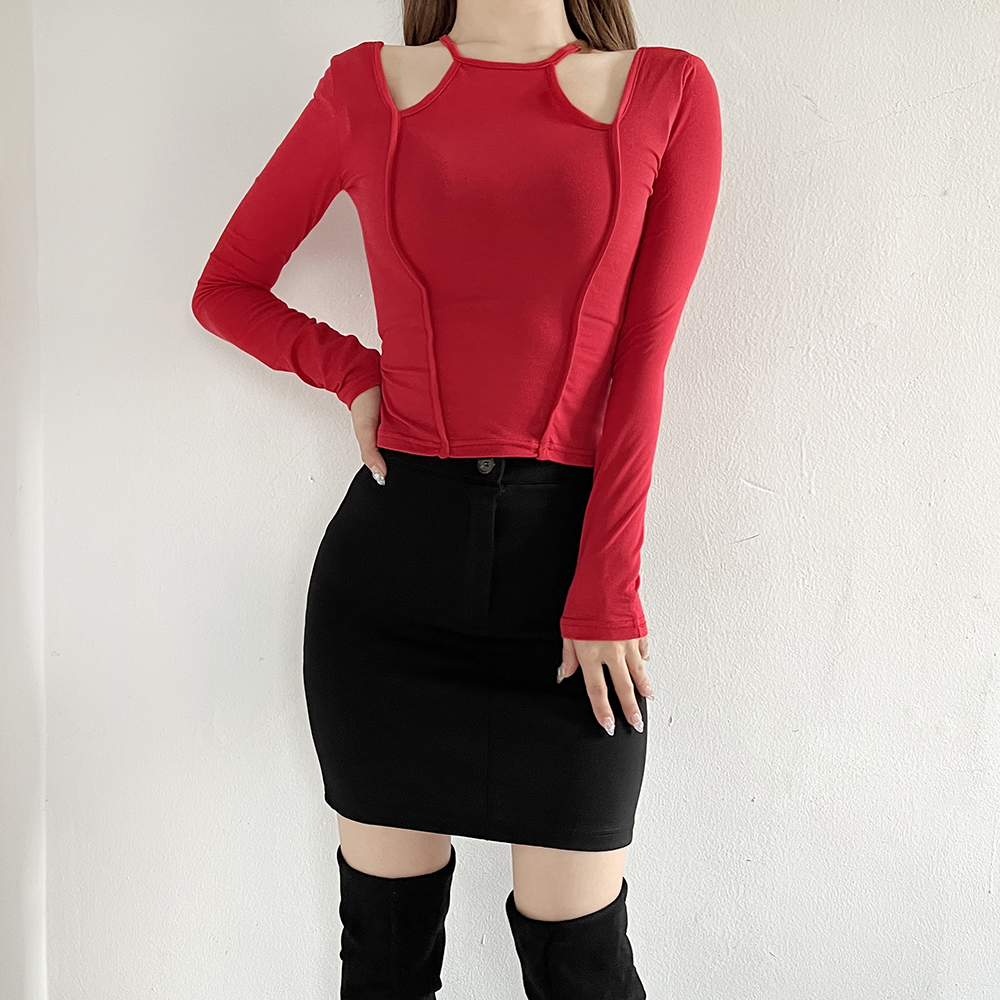숄트 오프숄더 트임 긴팔 크롭티셔츠 4color 이미지 4