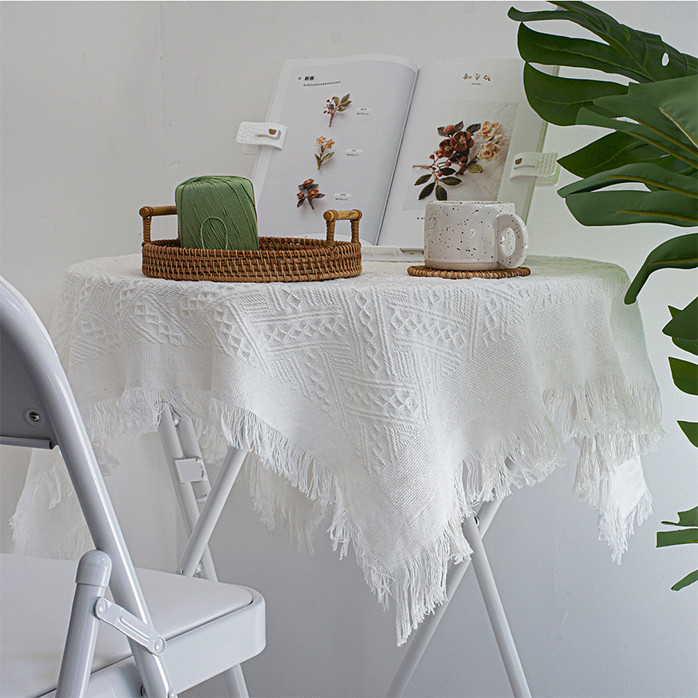 태슬 감성 테이블보 식탁보 원형 협탁보 헤링본 카페 냉장고 덮개 90x90