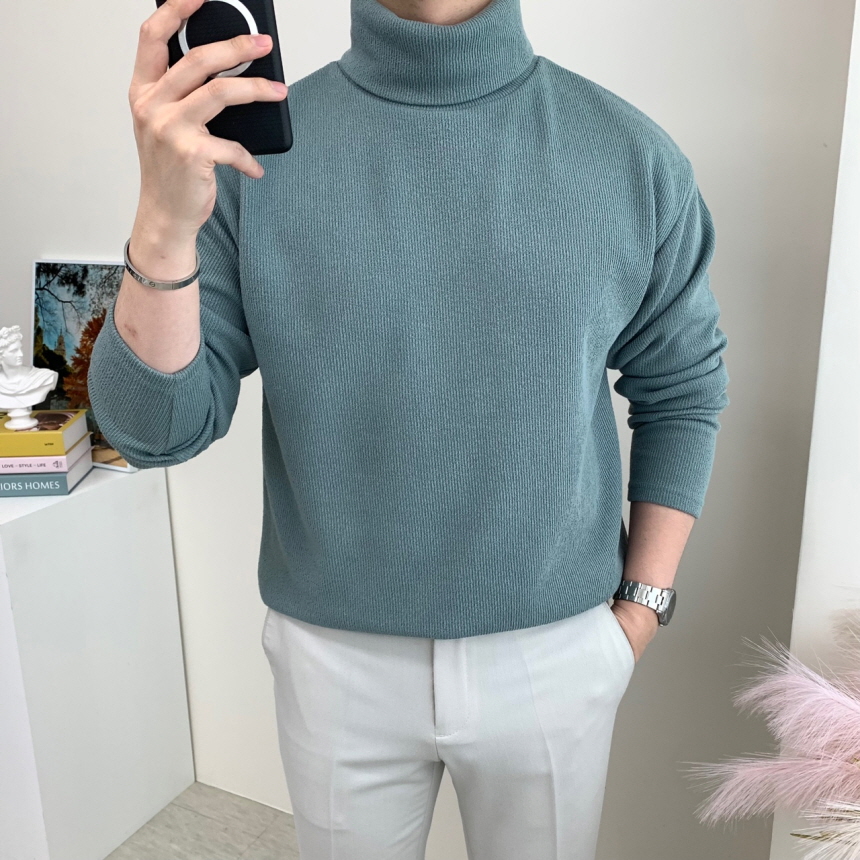 남자 터틀넥 니트 목폴라 무지 빅 사이즈 티셔츠 이미지 4