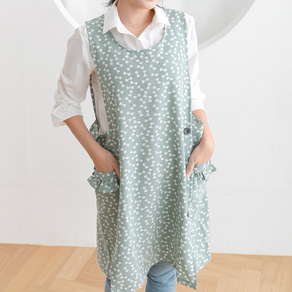 여름 데코에버 쁘띠 리본 쉬폰앞치마 롱 원피스 옆주머니형 어린이집 교사 요양보호사