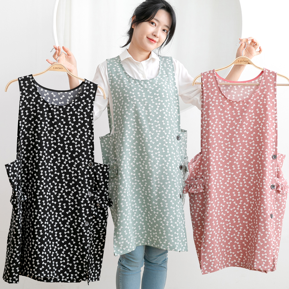 여름 데코에버 쁘띠 리본 쉬폰앞치마 롱 원피스 옆주머니형 어린이집 교사 요양보호사