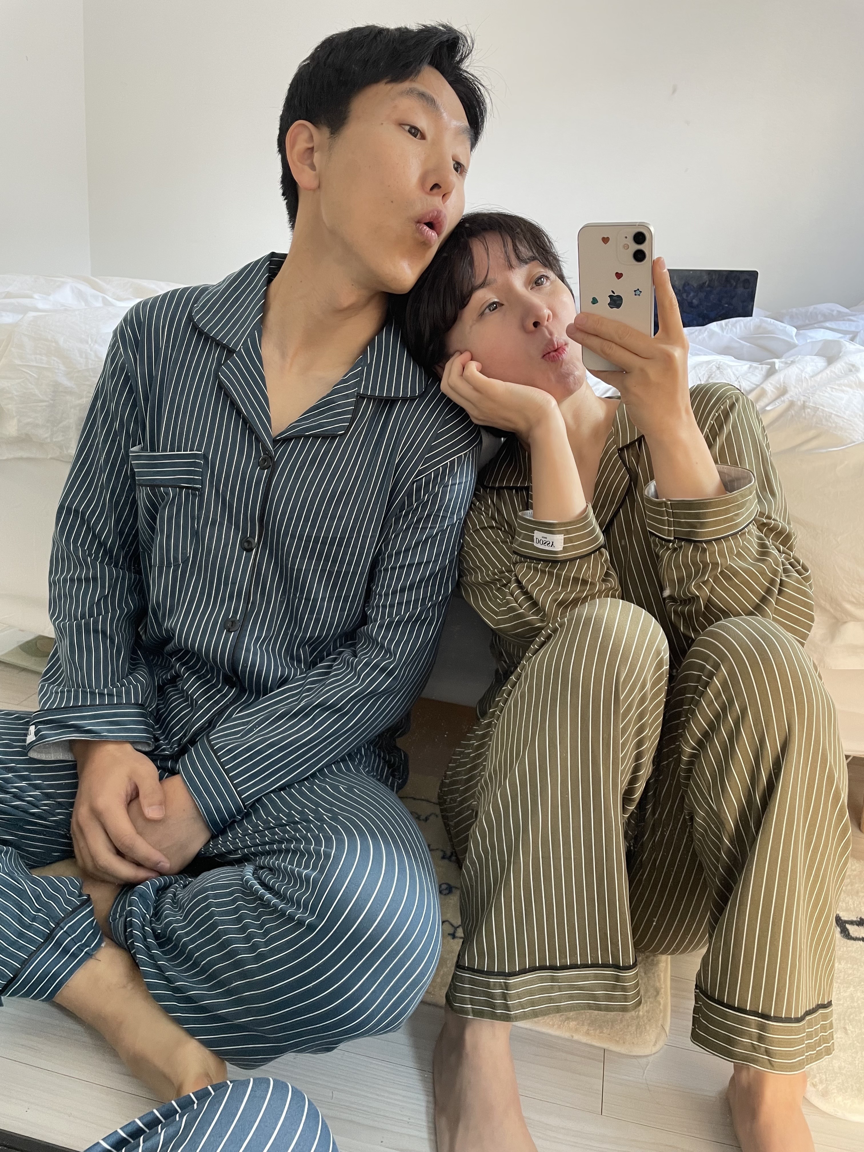 (5colour) 촉감 좋은 피치기모 스트라이프 잠옷 커플 파자마 홈웨어 상세 이미지 9