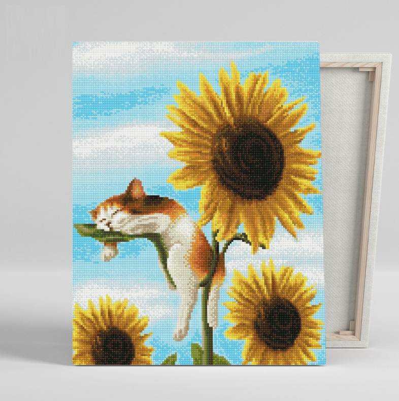 꽃 동물 보석 비즈 큐빅 십자수 캔버스형 DIY 세트 / 해바라기와 고양이 40x50cm - 상품 이미지