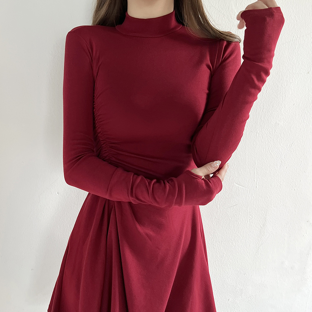 이나 셔링 반목 폴라 워머 긴팔 a라인 미니원피스 3color 이미지 2