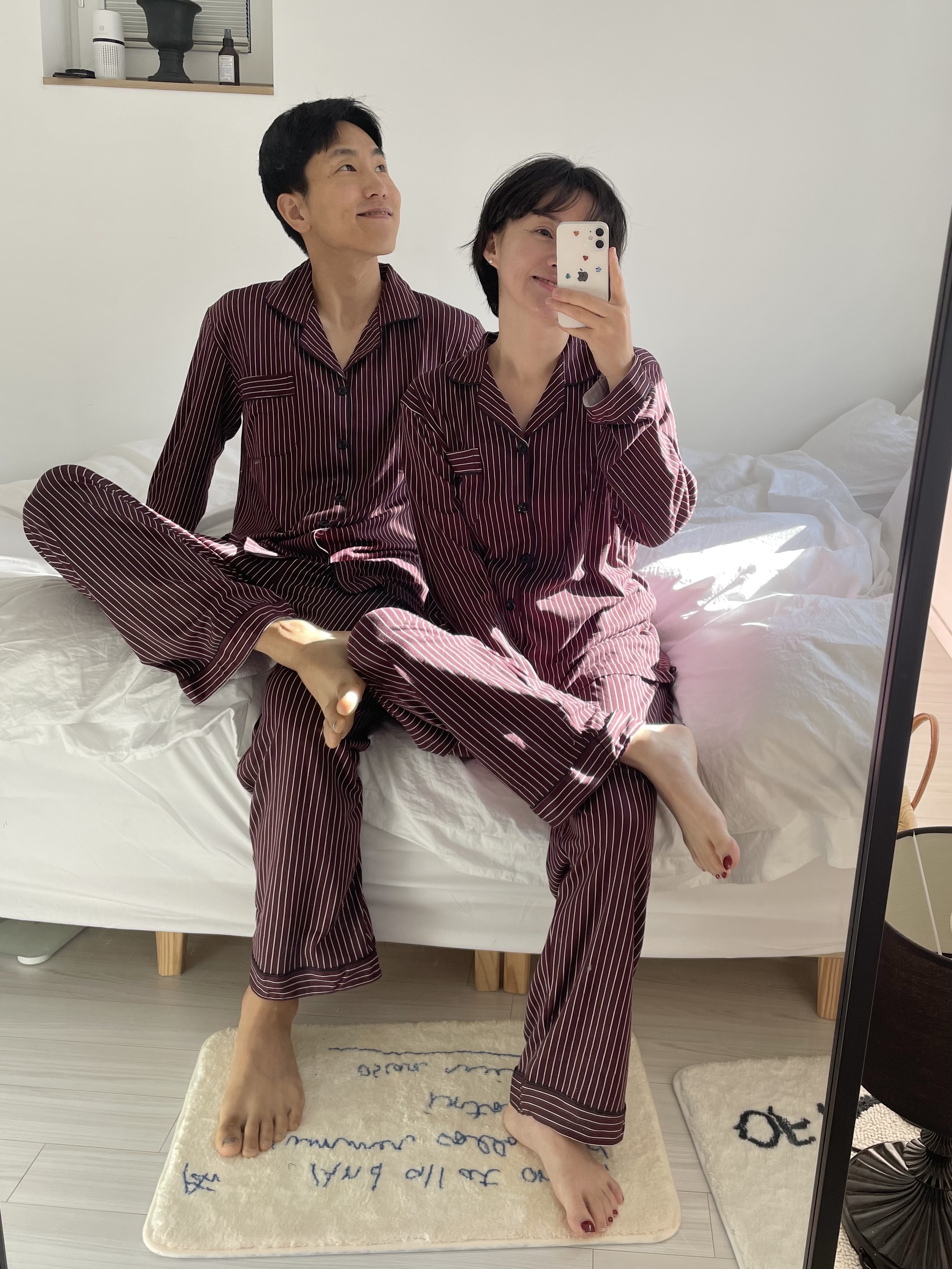 (5colour) 촉감 좋은 피치기모 스트라이프 잠옷 커플 파자마 홈웨어 상세 이미지 30
