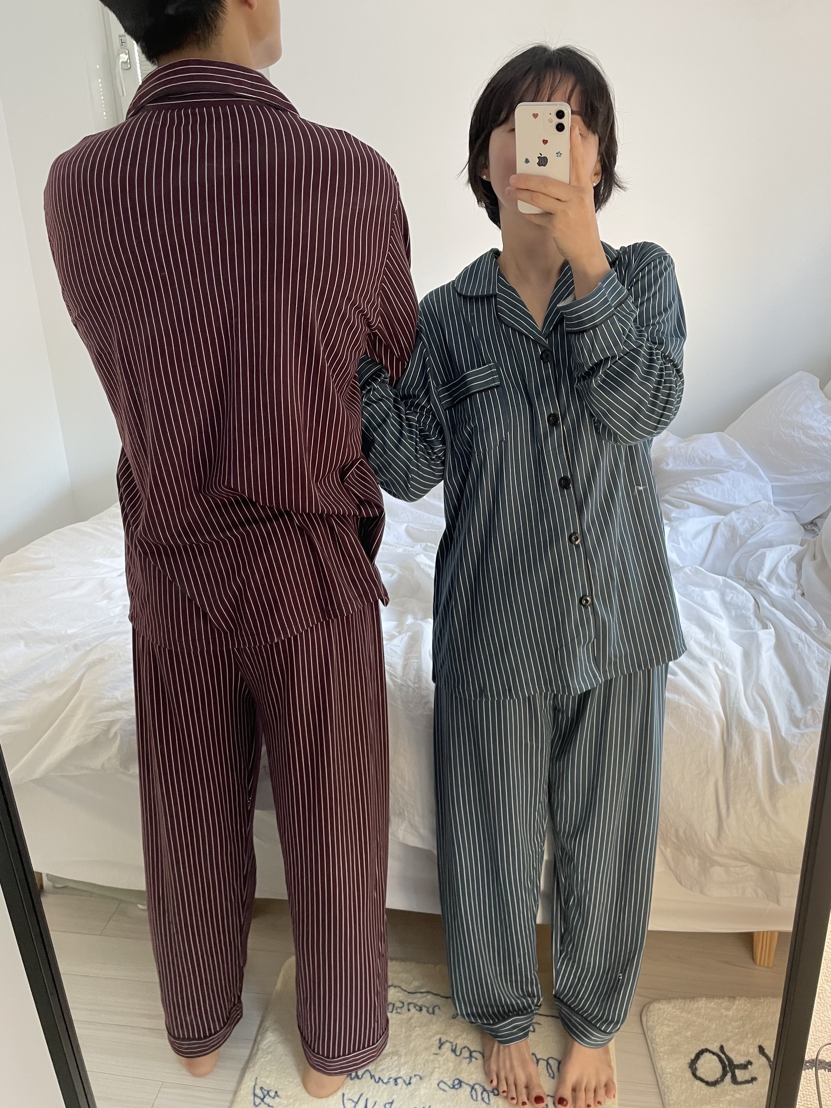 (5colour) 촉감 좋은 피치기모 스트라이프 잠옷 커플 파자마 홈웨어 상세 이미지 10