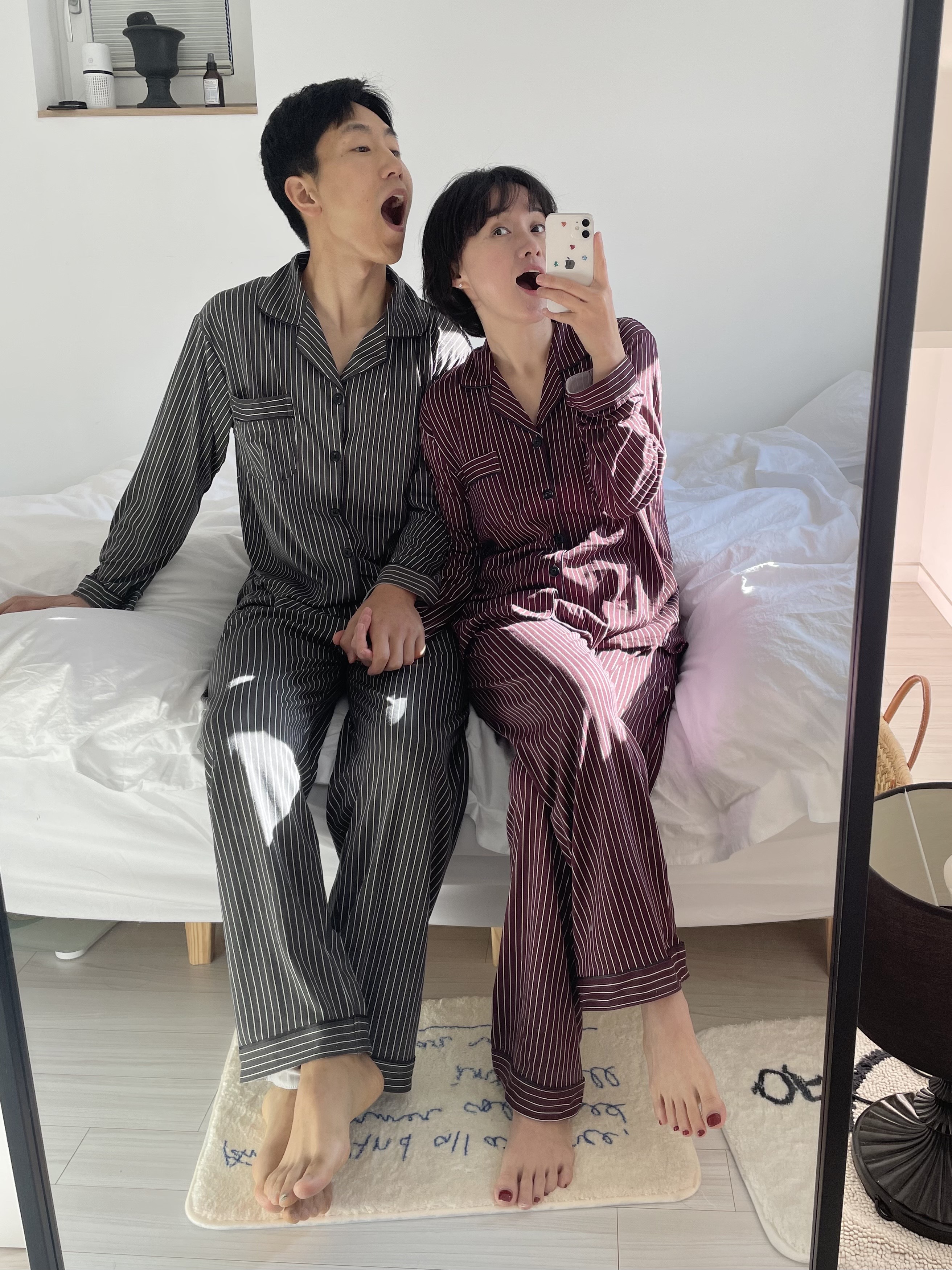 (5colour) 촉감 좋은 피치기모 스트라이프 잠옷 커플 파자마 홈웨어 상세 이미지 37
