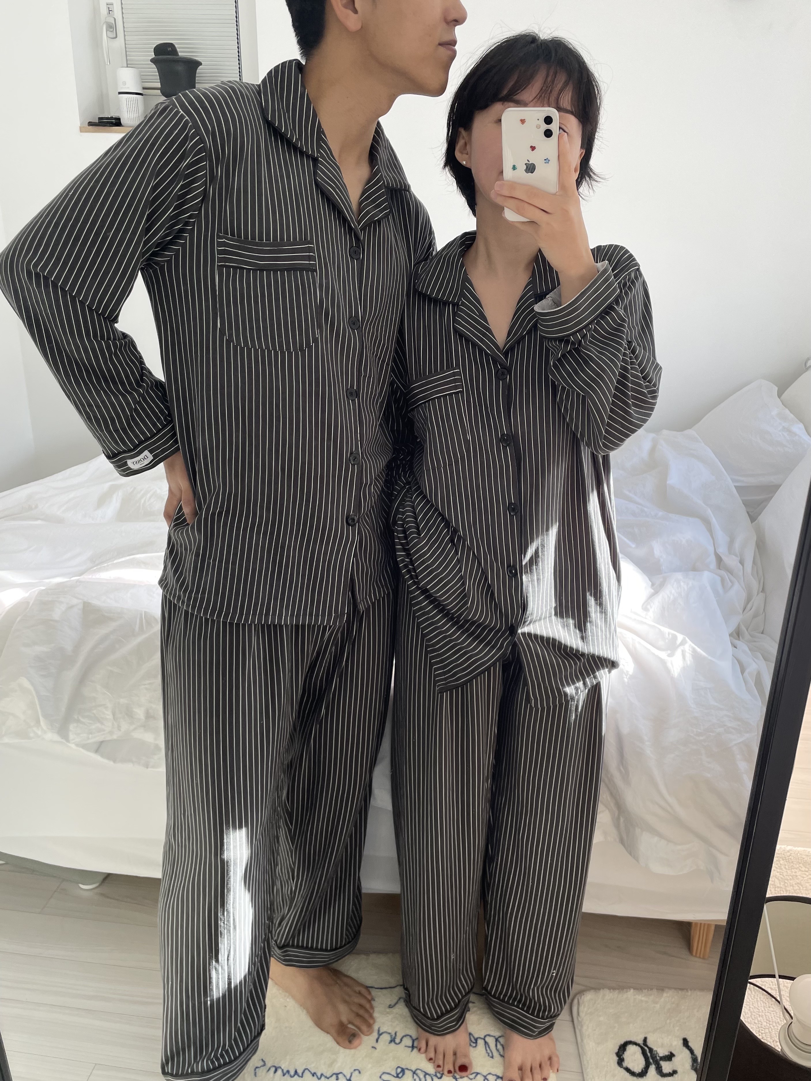 (5colour) 촉감 좋은 피치기모 스트라이프 잠옷 커플 파자마 홈웨어 상세 이미지 6