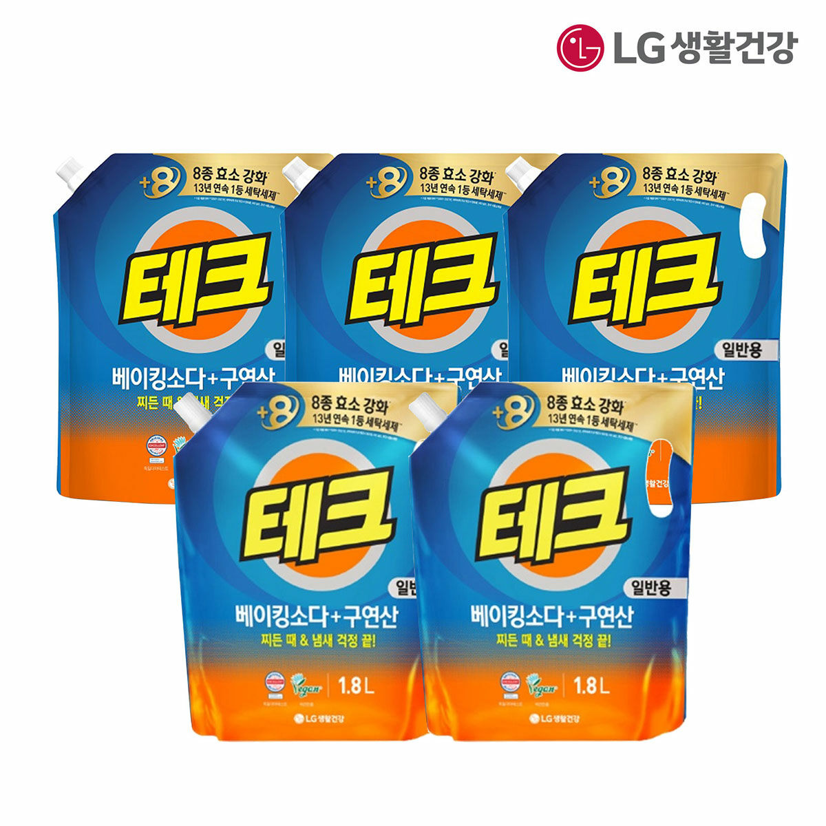 LG생활건강 테크 베이킹소다+구연산 액체세제(일반) 리필 2L3개 +1.8L2개 - 메인 이미지