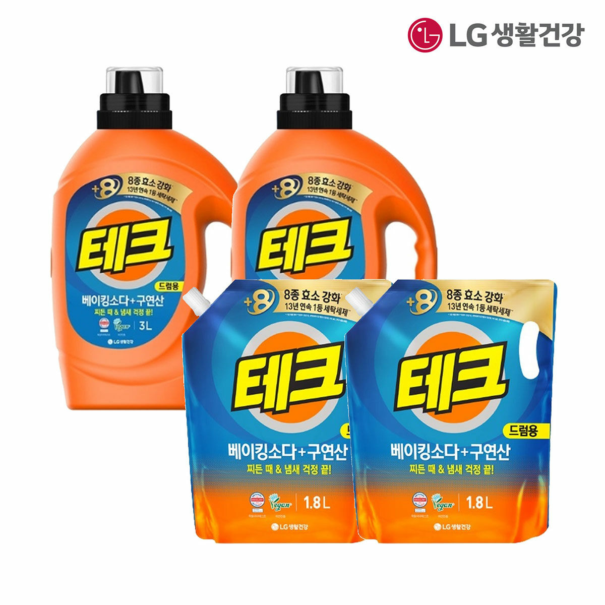 LG생활건강 테크 베이킹소다+구연산 액체세제(드럼) 용기 3L2개 +1.8L2개 - 상품 이미지