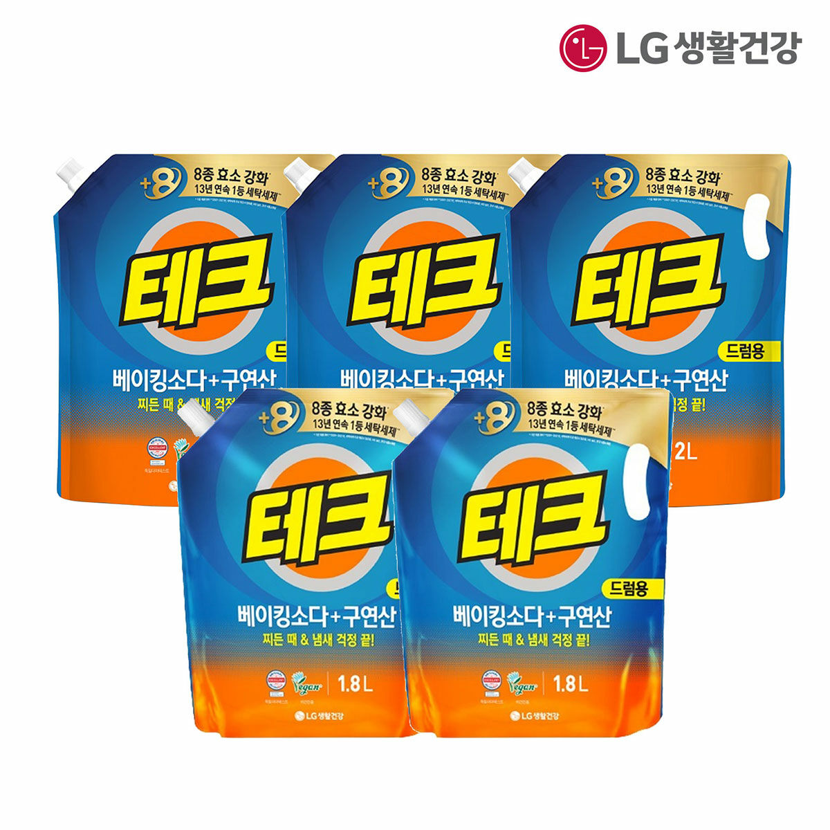 LG생활건강 테크 베이킹소다+구연산 액체세제(드럼) 리필 2L3개 +1.8L2개 - 메인 이미지