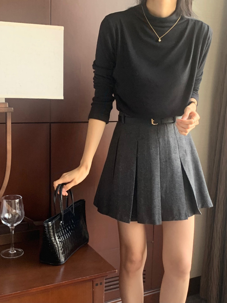 벨트SET 헤링본 A라인치마 가을 겨울 미니스커트 핀턱 플리츠스커트 여성 모직 테니스치마 이미지 3