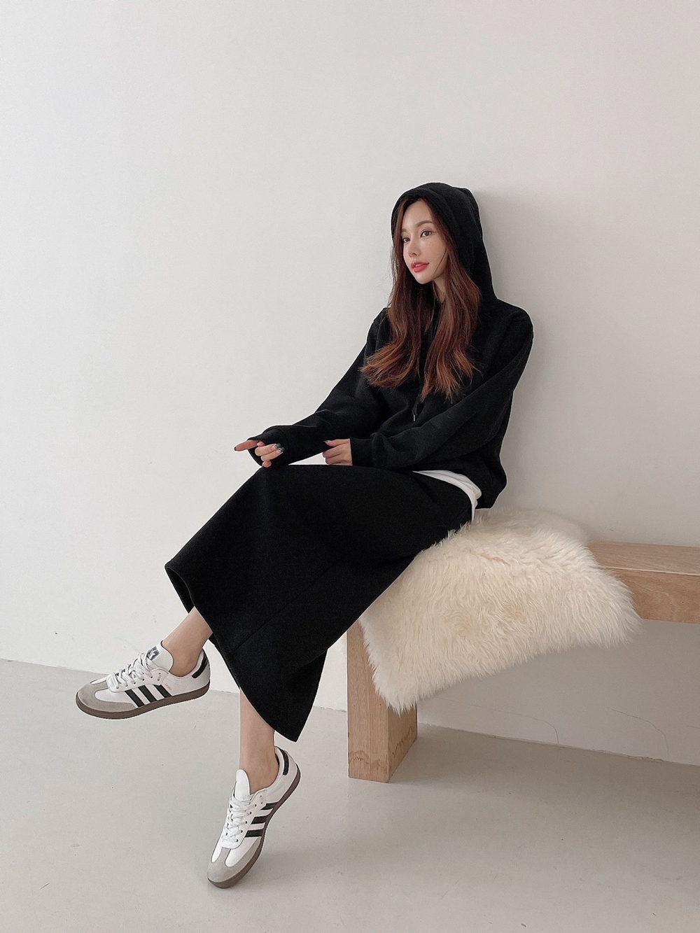 기모선택 레이어드 후드 맨투맨 롱스커트 여성트레이닝세트 엄마등원룩 이미지 4