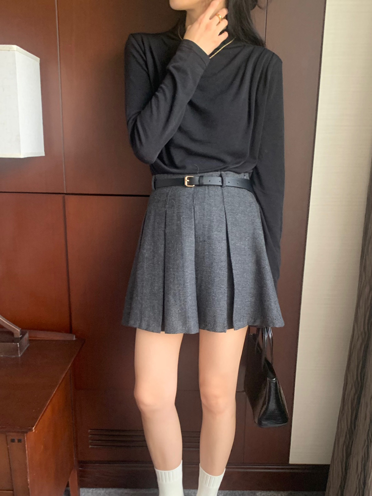 벨트SET 헤링본 A라인치마 가을 겨울 미니스커트 핀턱 플리츠스커트 여성 모직 테니스치마 - 상세 이미지 5