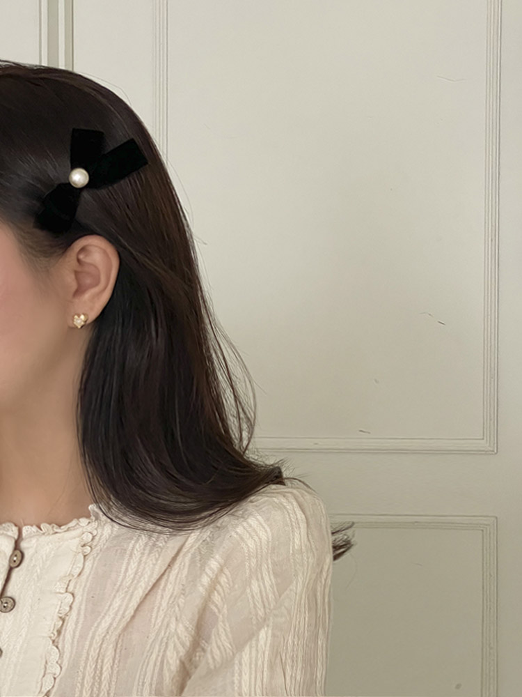 [제작] 벨벳 블랙리본핀 [미니사이즈] - 진주헤어핀 옆머리 앞머리고정 핸드메이드 집게핀 - 상세 이미지 3