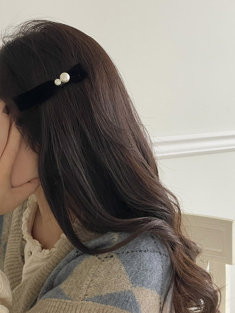 [제작] 벨벳 블랙리본핀 [미니사이즈] - 진주헤어핀 옆머리 앞머리고정 핸드메이드 집게핀 - 상세 이미지 4