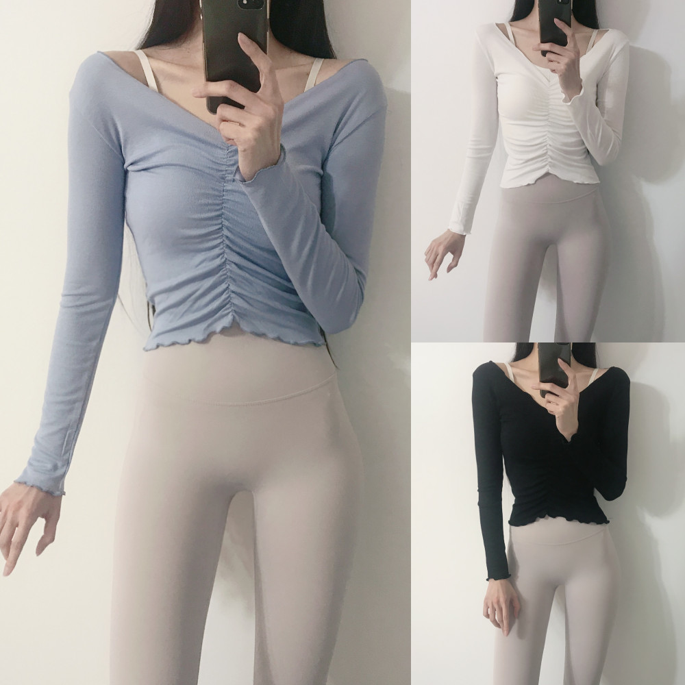 로라벨 여름 프릴 셔링 필라테스 복 요가 커버업 크롭 탑 옷 운동복 티 예쁜 복장 상의 - 상품 이미지