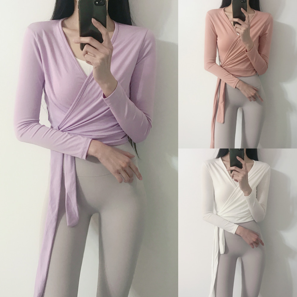 로라벨 이벤트 텐션 랩 필라테스복 요가복 커버업 크롭 탑 옷 운동복 티 여성 복장 상의 - 상품 이미지