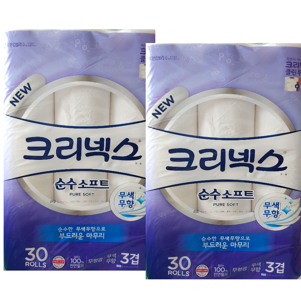크리넥스 순수 소프트 3겹 화장지 깨끗한 먼지없는 휴지 30롤 1팩 - 상품 이미지