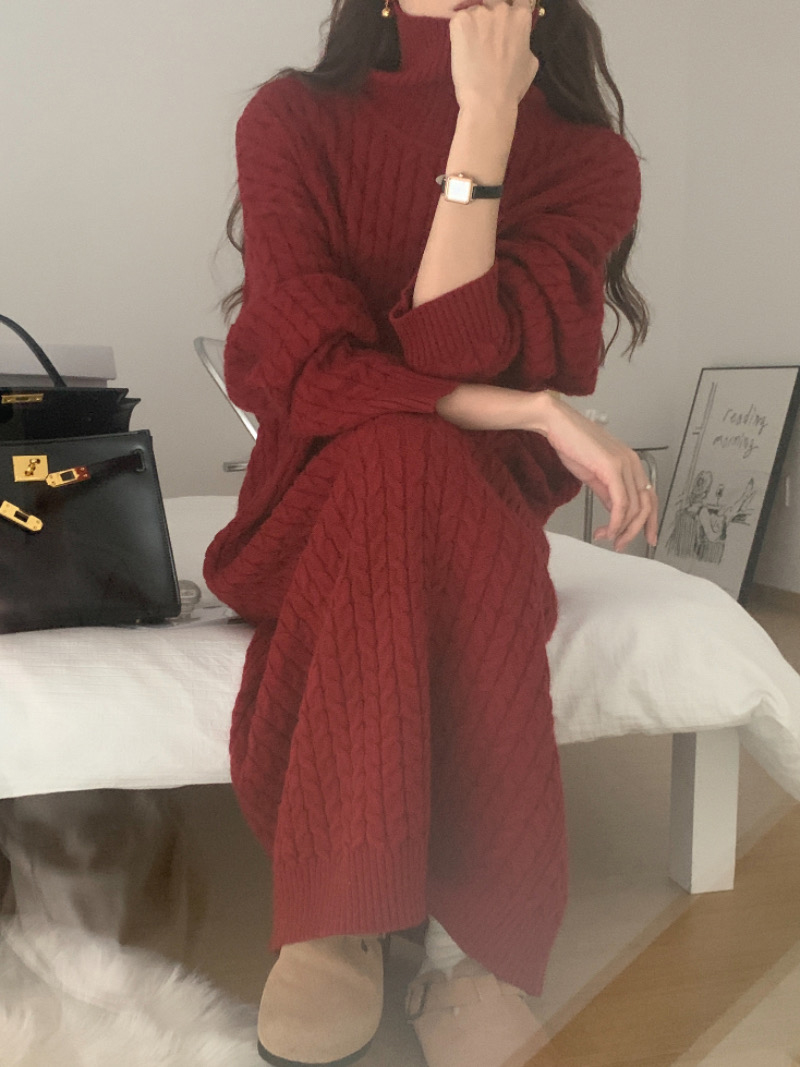 아워 목폴라 꽈배기 트위스트 터틀 하이폴라 도톰 겨울 니트 롱 원피스(3color)