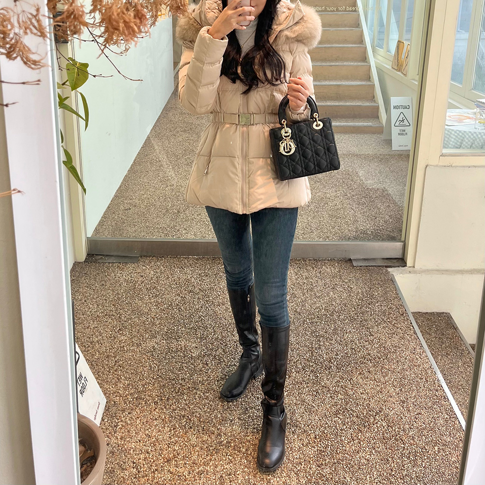 벨티드패딩 벨트패딩 폭스퍼 구스 덕 다운 베이지 블랙 아이보리 이미지 4